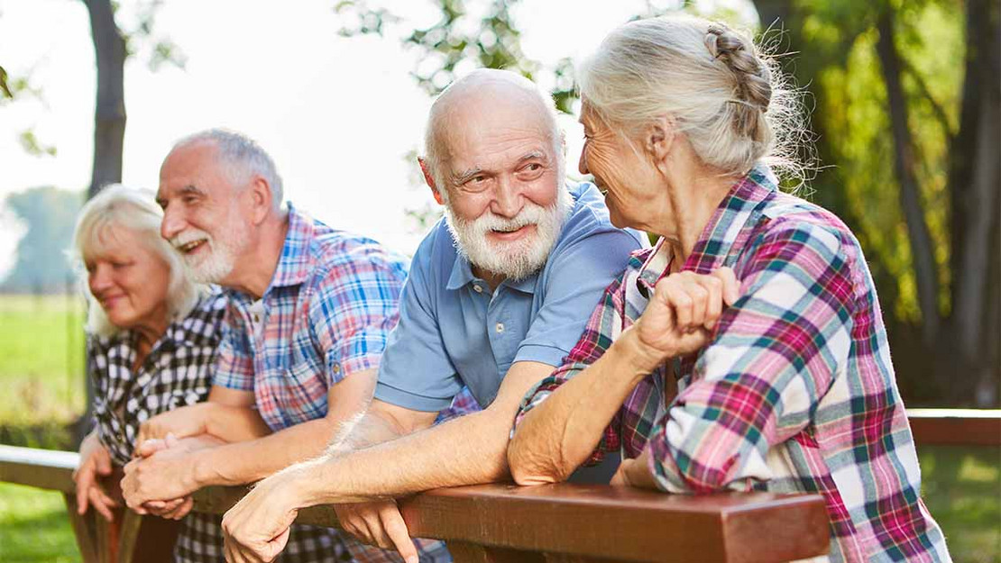 Vier ältere Personen sind bei gutem Wetter in der Natur. 